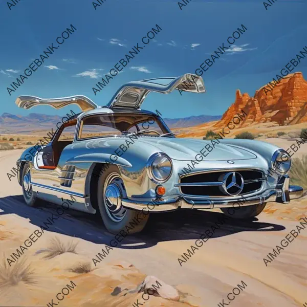 Silver Mercedes 300SL: Gullwing Doors Open