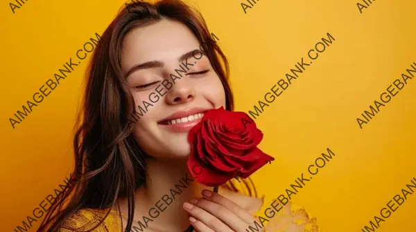 Girl Holding Red Rose on Yellow Background