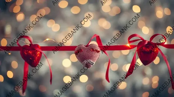 Romantic Hearts and Red Ribbon Over Abstract Background