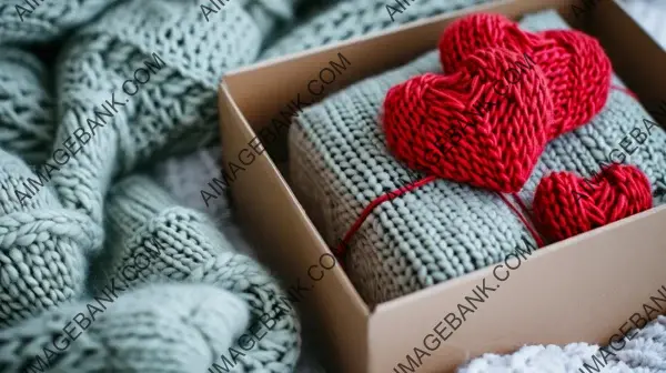 Unwrapping Love: Open Gift Box with Knitted Hearts and Light Background