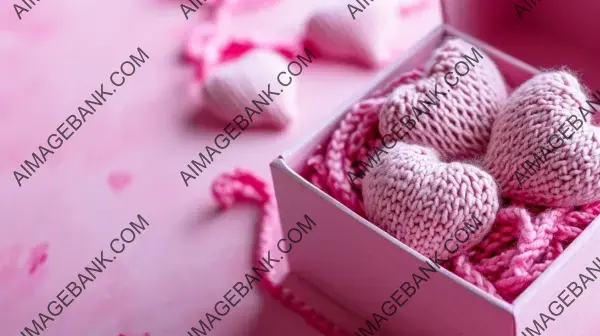 Pink Delight: Open Gift Box with Knitted Hearts and Pink Backdrop