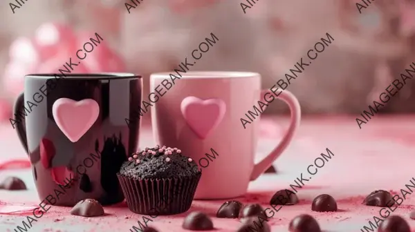 Brewed Romance: Two Coffee Cups with Pink Heart Accents in Black