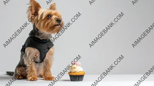 Cute Canine Fashion: White Background with Small Dog Wearing a Bib and Sitting