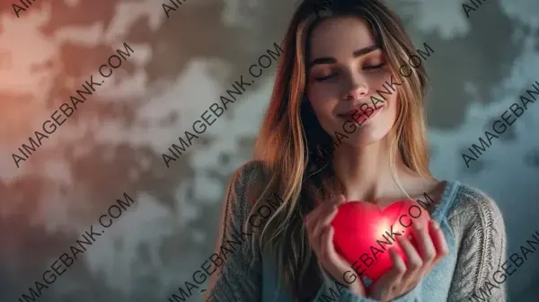 Heartfelt Beauty: Young Beautiful Woman Holding an Artificial Flower Heart