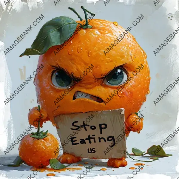 Citrus Protest: Angry Mandarin Holding &#8216;Stop Eating&#8217; Sign