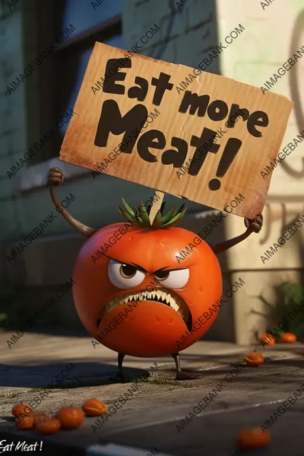 Tomato&#8217;s Appeal: Angry Tomato Holding &#8216;Eat More Meat&#8217; Sign