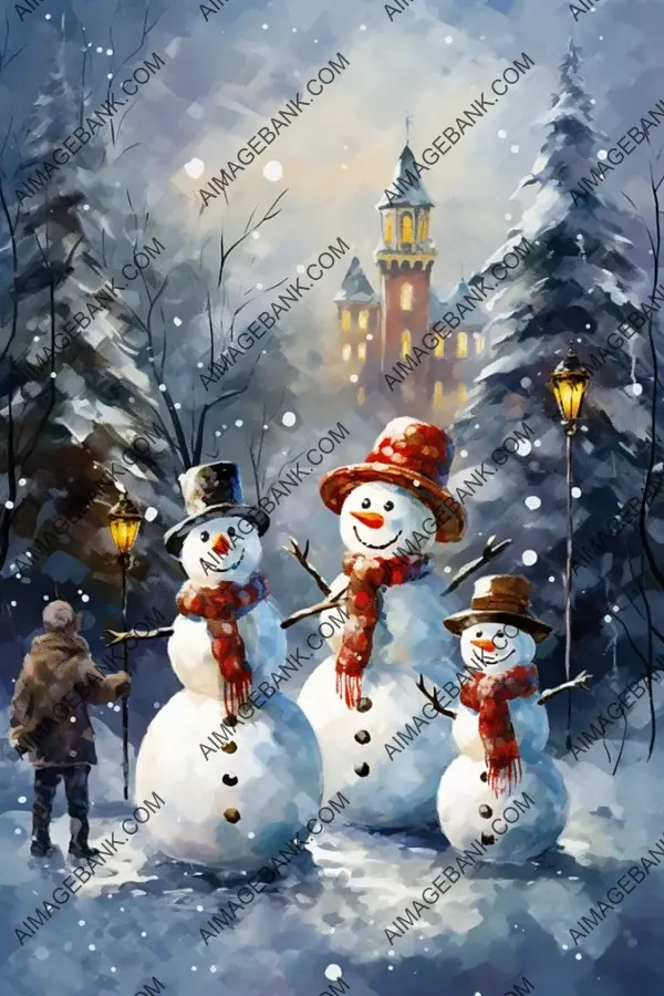 Christmas Card with Playful Snowmen and Snowfall