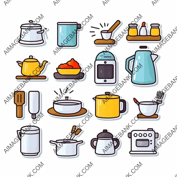 Cute Doodle Sticker Set of Kitchen Utensils: White Background