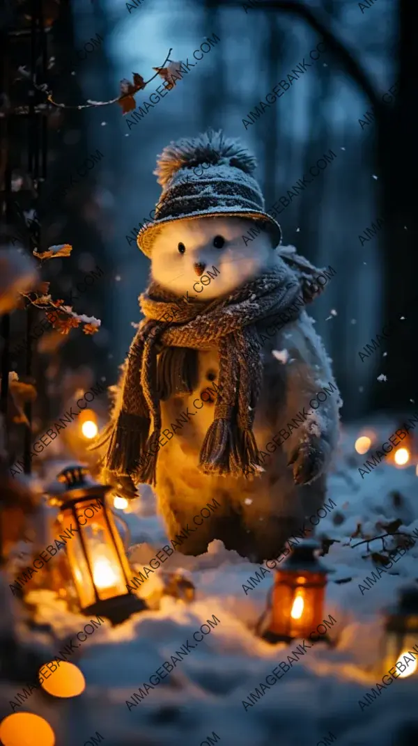 Snowman under the Night Sky in a Warm Snow Landscape