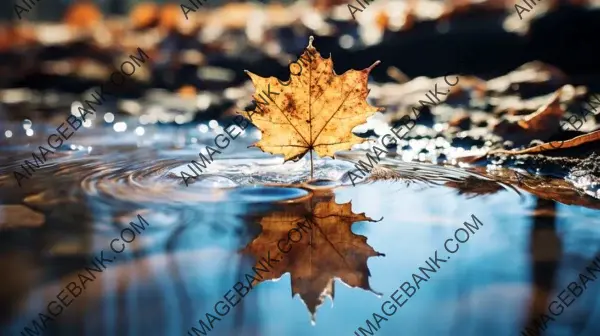 Dry Autumn Leaf Floating in a Puddle