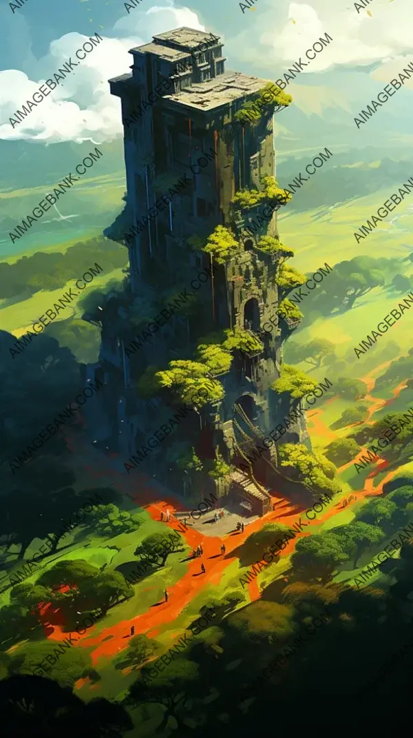 Moody Anime Art Featuring a Majestic Ancient Temple &#8211; Birds Above