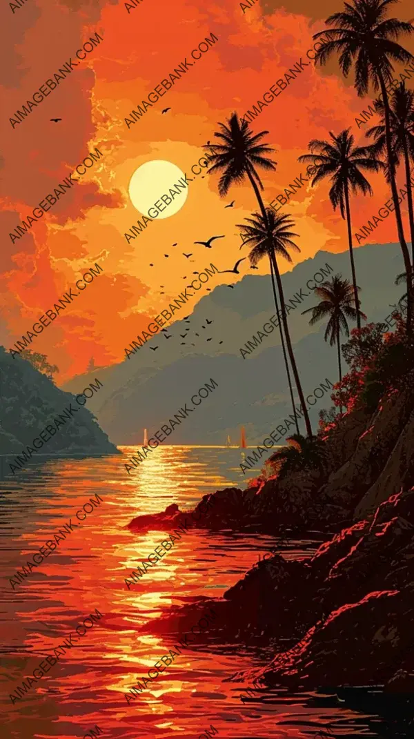 Tropical Island Sunset with Swaying Palm Trees