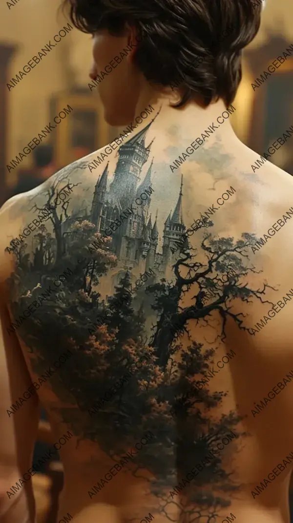 Experience Moonlit Majesty with Detailed Gothic Castle Tattoo