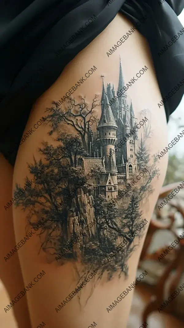 Stylized Beauty in Gothic Castle Moonlight Tattoo