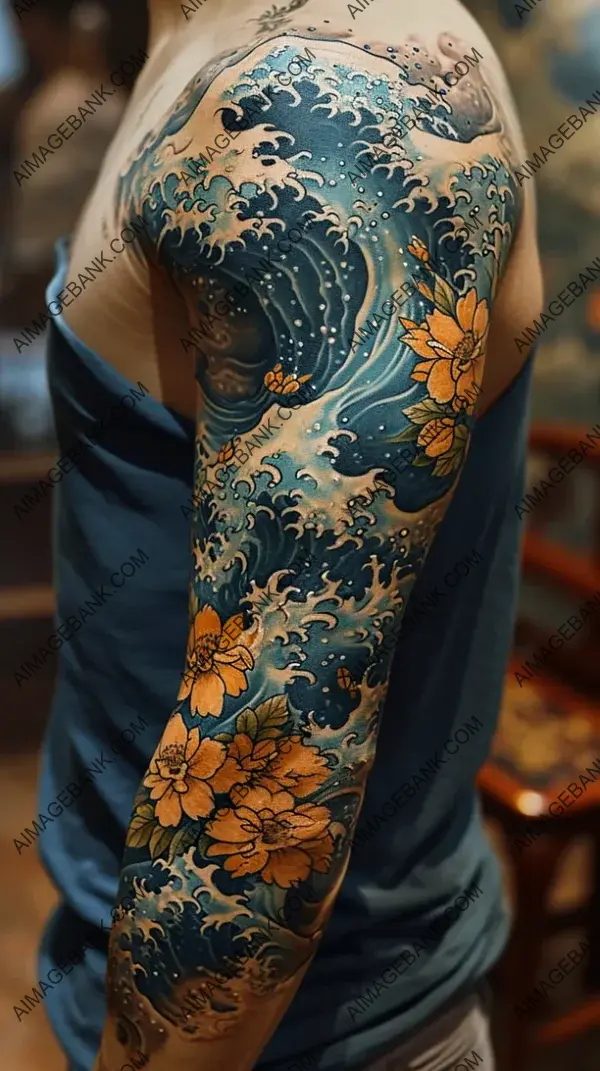 Dynamic Ocean Wave Sleeve Tattoo: Rolling Waves