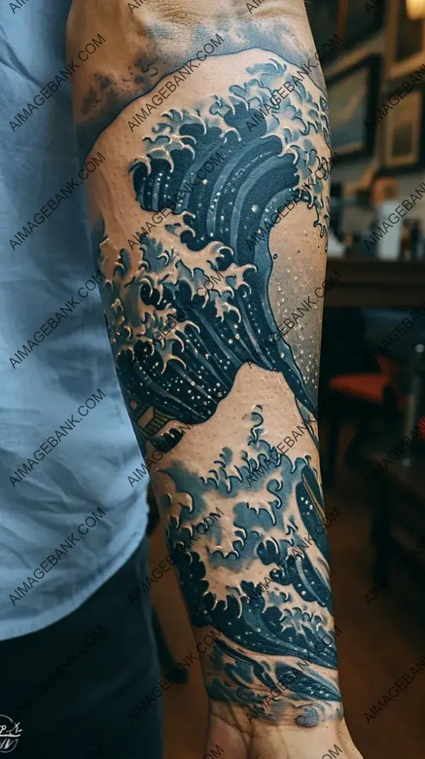 Dynamic and Stunning Ocean Wave Sleeve Tattoo