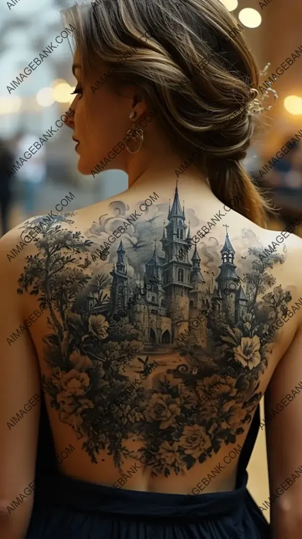 Tattoo Depicting a Whimsical Fairy Tale Castle with Intricate Detail