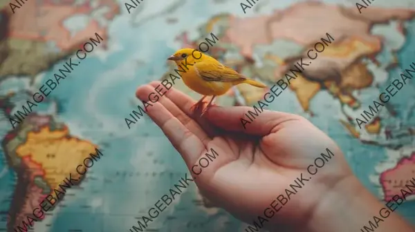 Hand Holding Toy Bird: Playful Map Decoration