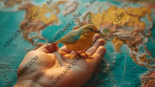 Hand Holding Toy Bird: Creative Travel Concept