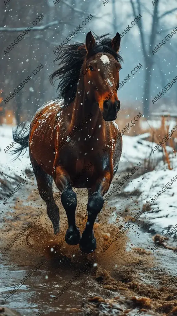 Winter&#8217;s Elegance: A Horse Galloping Through Snow