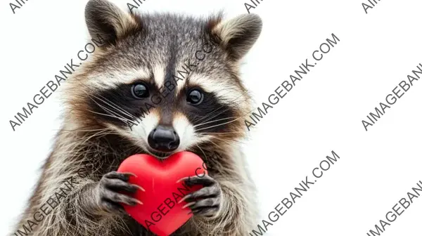 Loveable Raccoon: Holding a Red Heart Isolated