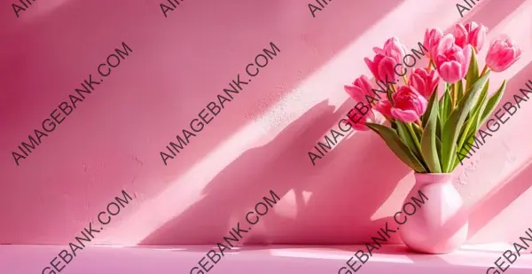 Stylish Vase with Pink Tulips on Wall