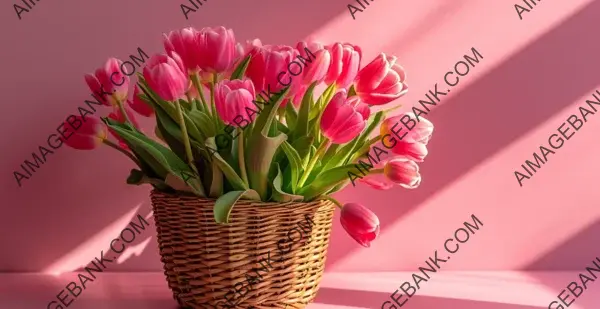 Pink Tulips Displayed in Wicker Basket on Wall