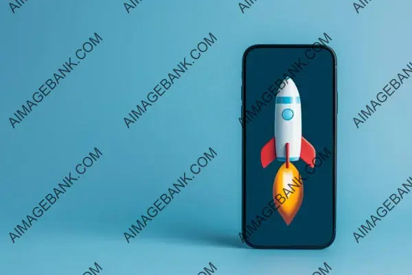 Blue Background with Rocket Icon on Cell Phone Screen