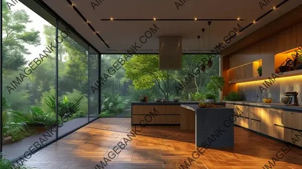 Modern Kitchen Interior with Wood Blur Home Setting