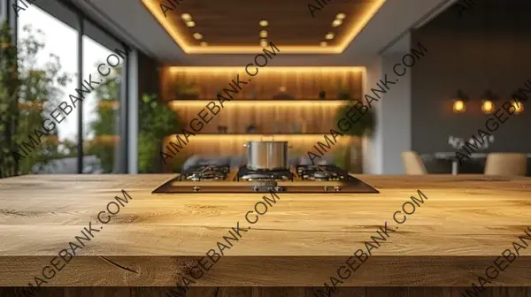 Top View of Modern Kitchen with Wood Blur Home