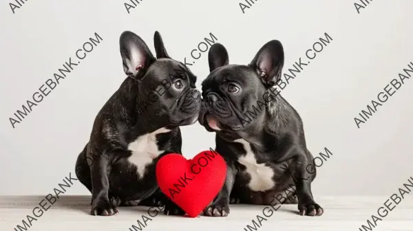 French Bulldogs Couple Kissing near Red Heart