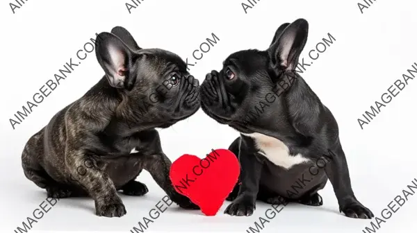 Love Theme: French Bulldogs Kissing near Red Heart