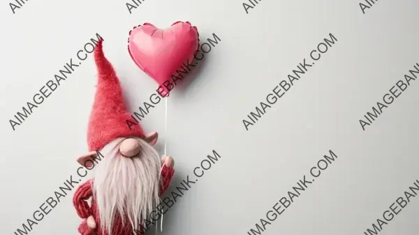 Holding Heart Balloon: Pink Gnome on White Background