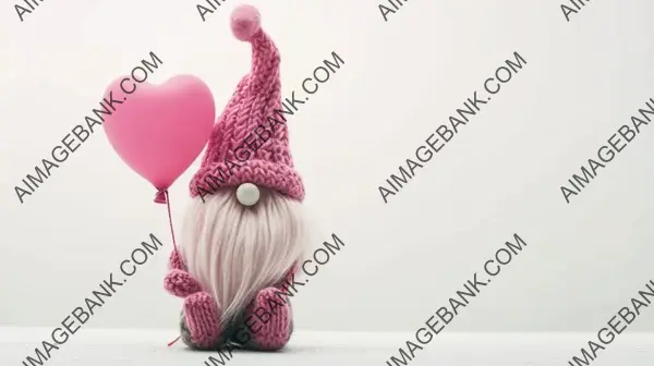 Pink Gnome with Heart Balloon on White Background