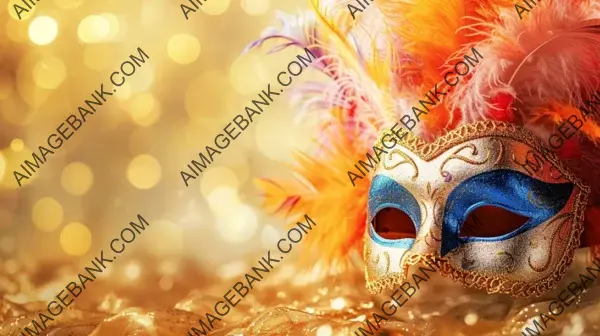 Blurred Background with Gold Carnival Mask and Feathers