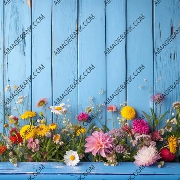 Blue Wooden Table Background with Garden Flowers