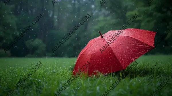 Protective Red Umbrella Shielding Grass from Rain