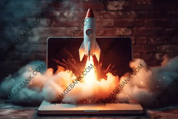 Exciting Rocket Launch from Laptop Screen with Smoke