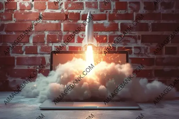 Rocket Blasting Off from Laptop Display with Smoke