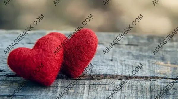 Intimate Moment: Two Felt Red Hearts on Wooden Table