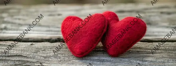 Sentimental Gesture: Two Felt Red Hearts on Wooden Table