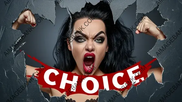 Banner with Angry Woman Holding Torn Word &#8216;Choice&#8217;