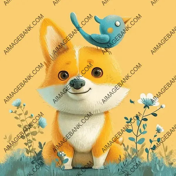 Blue Bird with Yellow Corgi: Adorable Cartoon Scene