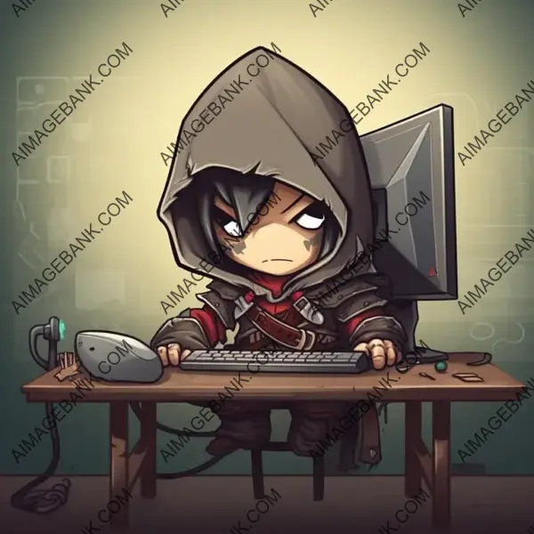 Sitting Chibi Assassin&#8217;s Creed Hero: Playful Cartoon Character