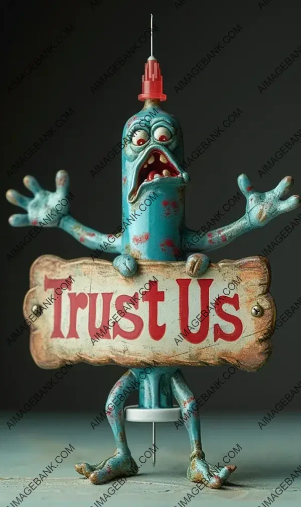 Simplified Angry Syringe Holding &#8216;Trust Us&#8217; Sign &#8211; Cartoon