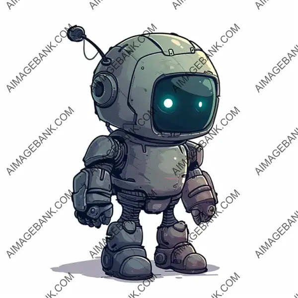 Cartoon: Illustration of a Comical 2D Chibi Anthropomorphic Robot