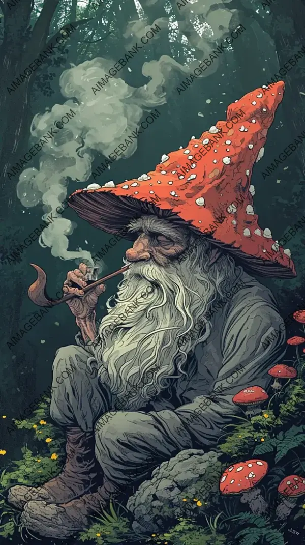 Design a Retro Artwork Featuring an Old Wizard with Mushroom Hat and Smoking Waterpipe &#8211; Cartoon