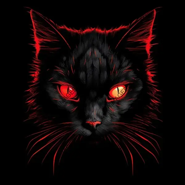 Graphic Art: Black Cat T-shirt Design with Red Glowing Eyes