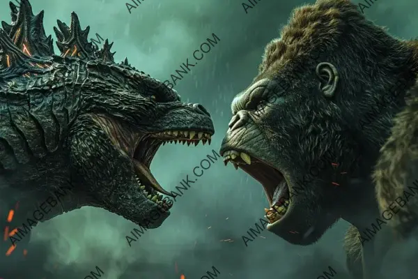 Godzilla and King Kong roaring face to face