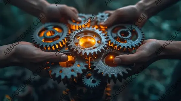 Cohesive Teamwork: Hands Holding Gears in Unified Concept